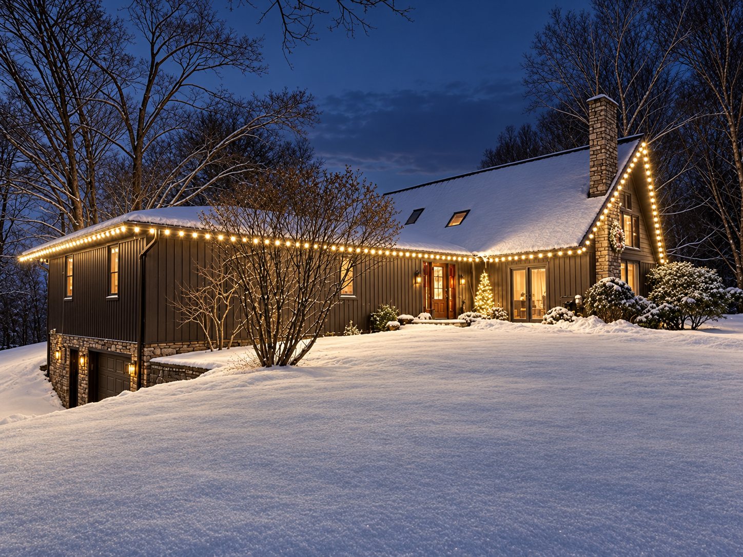 Dark modern farmhouse with snow-covered roof outlined in warm-white holiday lights and a wrapped stone chimney