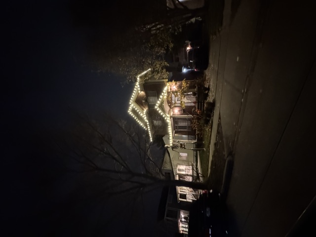 Tree wrapped in warm-white lights beside a home with roofline lighting