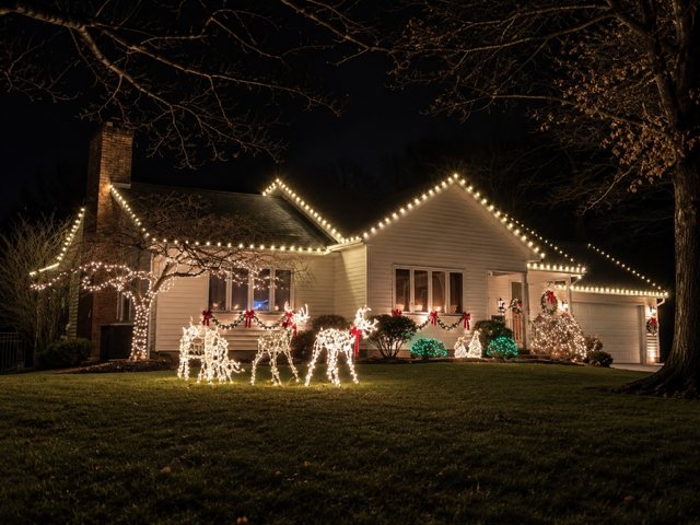 White ranch-style home with full roofline lighting, a wrapped tree, and warm-white lit lawn décor